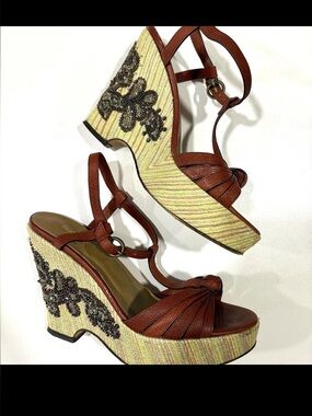 Isabella Fiore  Brown Leather Beaded Platform Wedge Sandals